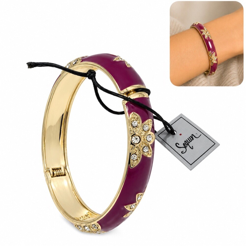 Nordstrom Sequin Bangle Bracelet Enamel Hinged Clamper gold Floral Statement